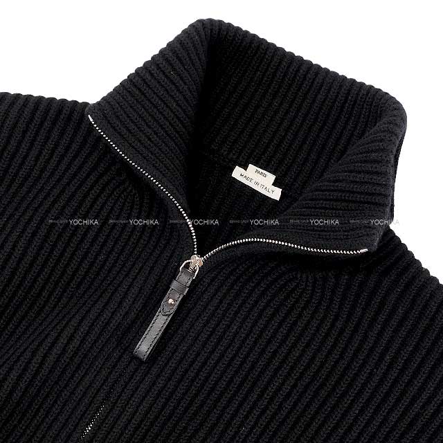 HERMES Knit Ladies Blouson H logo pocket over knit zip up Noir (Black) Wool/Lambskin 36 Silver