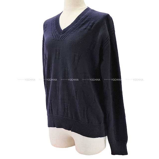 2019AW HERMES Knit Ladies With Voyage H pattern knit H logo with porch Navy Wool 36