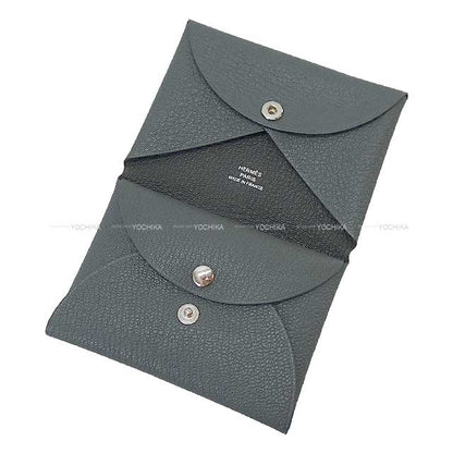 HERMES card holder Calvi Verso Gris Misty/Noir (Black) Chevre Myzore Silver HW Stamp