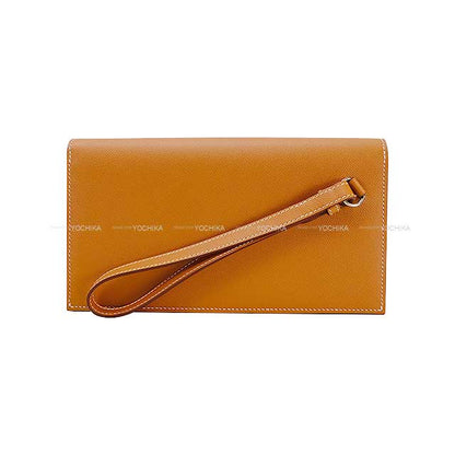 HERMES change purse Kelly Pocket Long Wallet Strap Clutch Bag  Gold Veau madame Silver HW Stamp