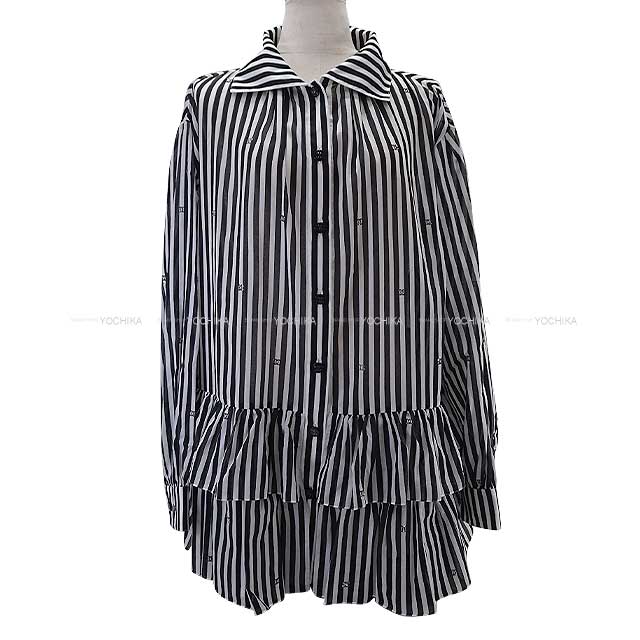 Chanel Long sleeve shirt Ladies Print Cotton Rhinestone Coco mark Stripe Frill Dress Blanc (White)/Noir (Black) Cotton 34 P76212