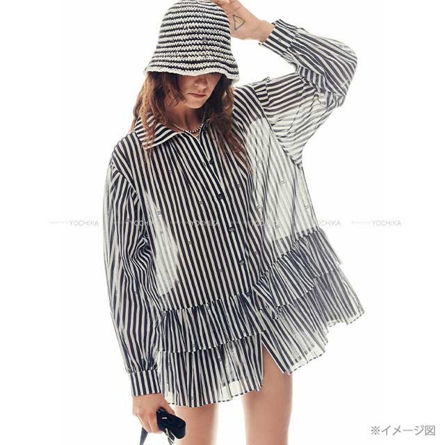 Chanel Long sleeve shirt Ladies Print Cotton Rhinestone Coco mark Stripe Frill Dress Blanc (White)/Noir (Black) Cotton 34 P76212