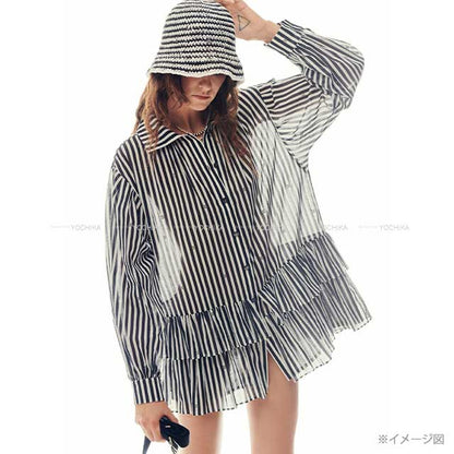 Chanel Long sleeve shirt Ladies Print Cotton Rhinestone Coco mark Stripe Frill Dress Blanc (White)/Noir (Black) Cotton 34 P76212