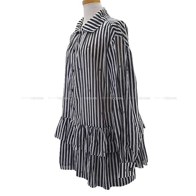 Chanel Long sleeve shirt Ladies Print Cotton Rhinestone Coco mark Stripe Frill Dress Blanc (White)/Noir (Black) Cotton 34 P76212