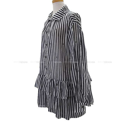 Chanel Long sleeve shirt Ladies Print Cotton Rhinestone Coco mark Stripe Frill Dress Blanc (White)/Noir (Black) Cotton 34 P76212