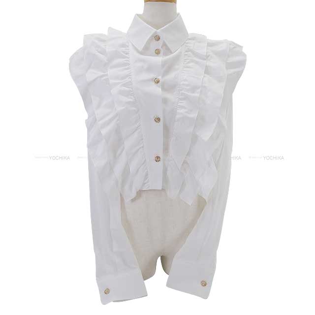 2022 Chanel Long sleeve shirt Ladies Rhinestone Cross button Cotton Frill Blanc (White) Cotton 38 P73037
