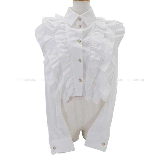 2022 Chanel Long sleeve shirt Ladies Rhinestone Cross button Cotton Frill Blanc (White) Cotton 38 P73037