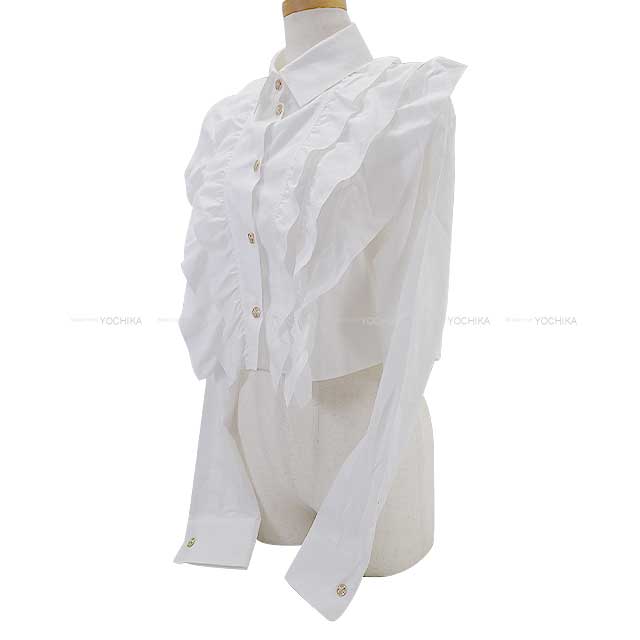 2022 Chanel Long sleeve shirt Ladies Rhinestone Cross button Cotton Frill Blanc (White) Cotton 38 P73037