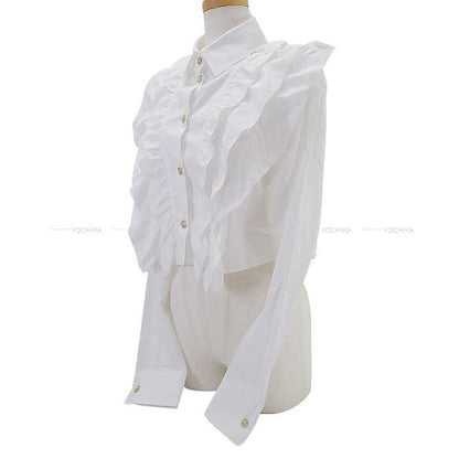 2022 Chanel Long sleeve shirt Ladies Rhinestone Cross button Cotton Frill Blanc (White) Cotton 38 P73037