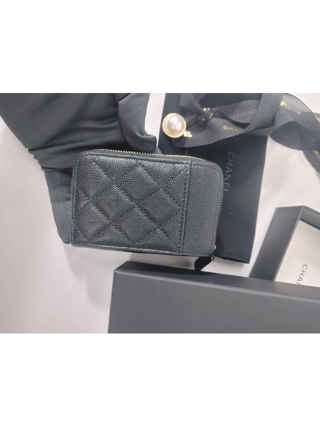 CC Logo Zip Around Caviar Leather Card Wallet Black Chanel