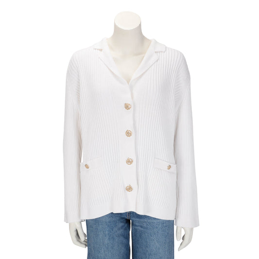 Chanel White Ribbed Cotton CC Long Cardigan FR 50