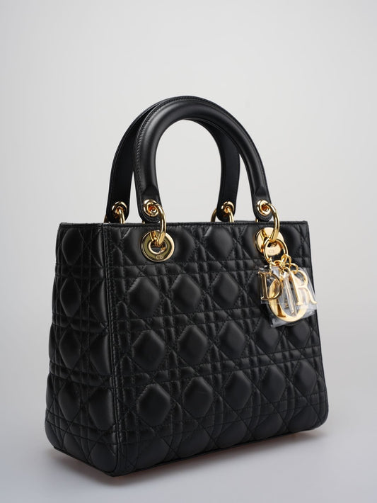 Christian Dior Black Medium Bag in Cannage Lambskin Leather with Gold Hardware