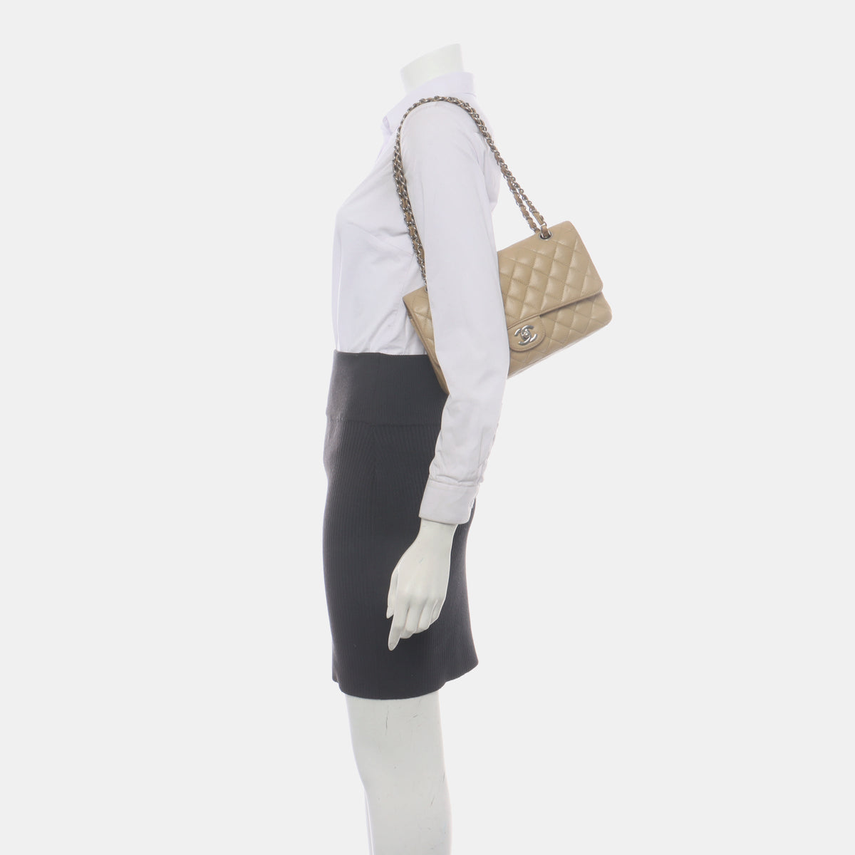 Chanel Timeless Classic Flap Medium Beige Caviar Leather Silver Hardware, 2005-2006