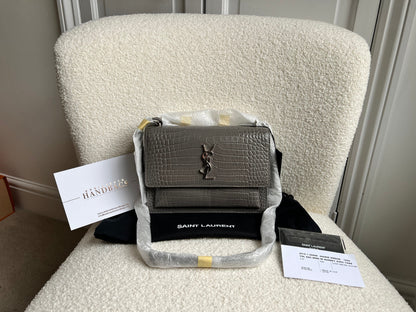 Yves Saint Laurent (YSL) Grey Croc Medium Sunset with Silver Hardware