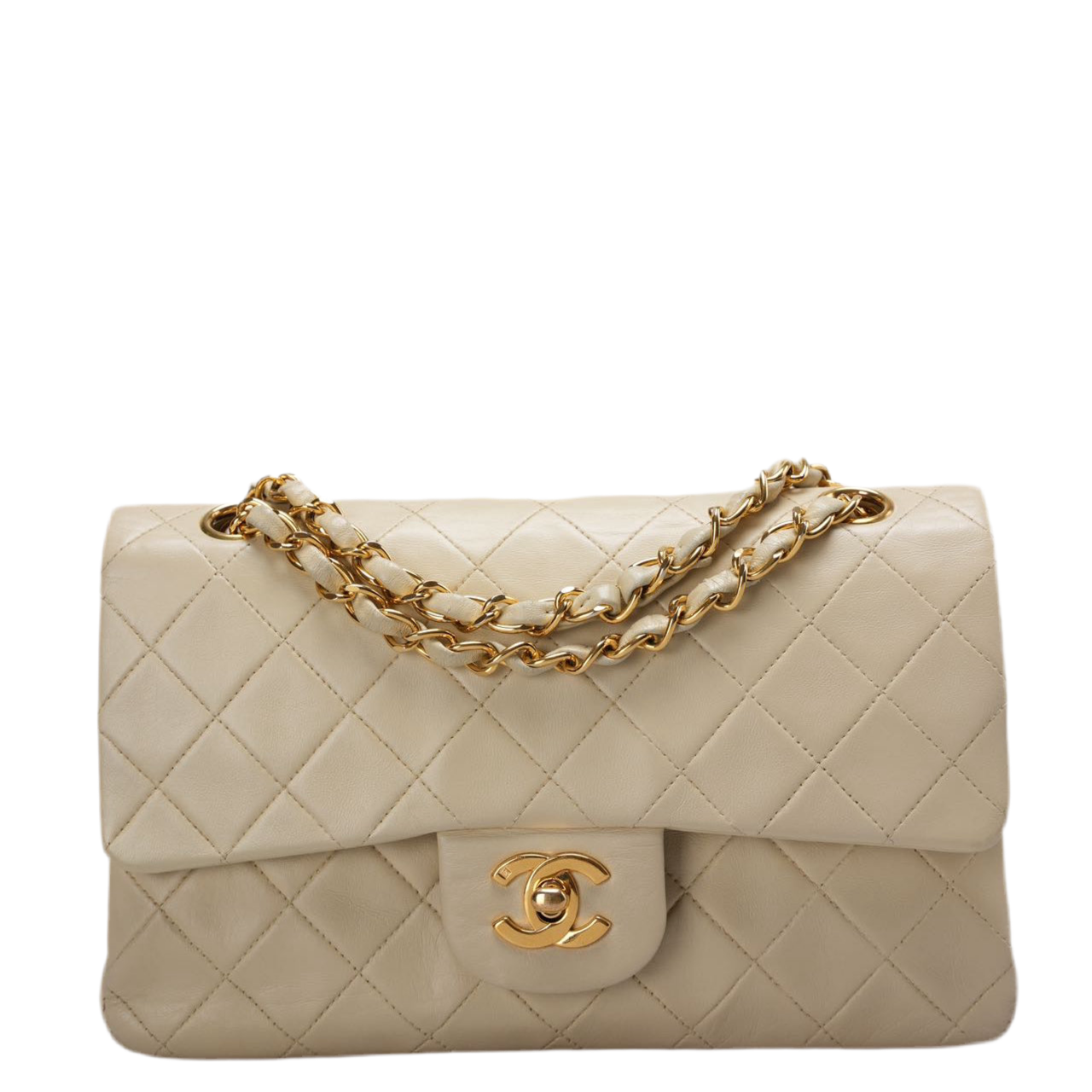 Chanel Vintage Beige Quilted Leather small timeless Double Flap Bag with 24K Gold Hardware