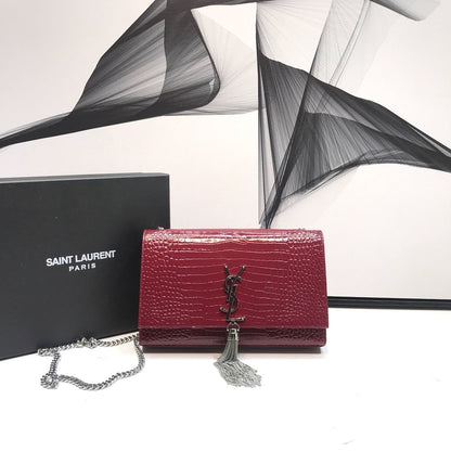 YSSL Kate Medium Chain Bag With Tassel In Embossed Crocodile Burgundy For Women 9.4in/24cm YSL