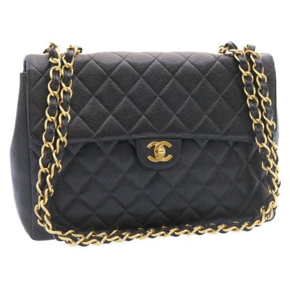 CHANEL Big Matelasse Flap Chain Shoulder Bag Caviar Skin Black Gold Auth 25984A