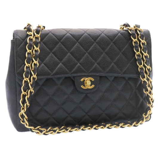 Chanel Big Matelasse New Chain Shoulder Bag Caviar Skin Black Gold Auth A