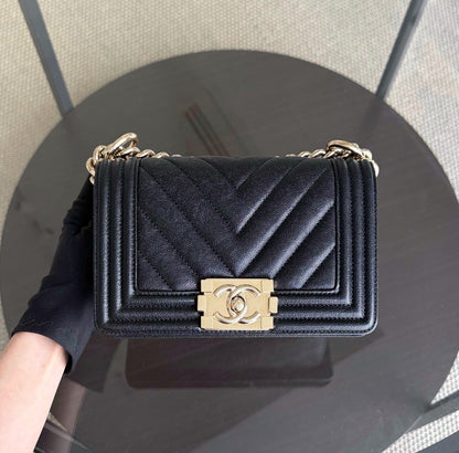 Chanel Boy Small - Caviar 20CM Chevron Black Gold Hardware Series 27