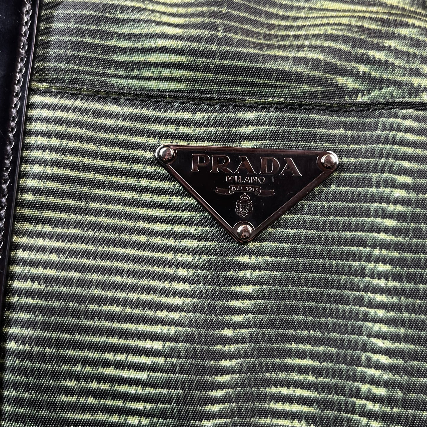 Prada Black Green Striped Nylon Two-Way Tote Bags