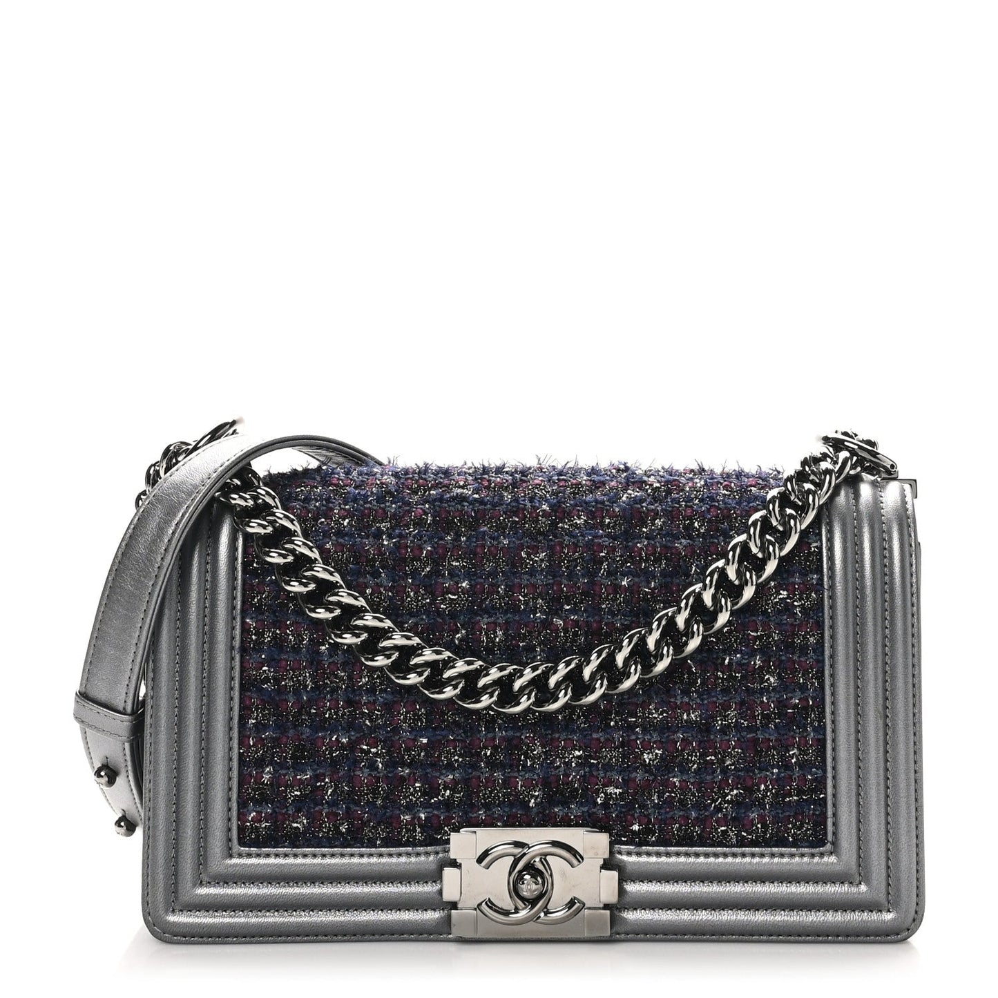 Tweed Metallic Lambskin Medium Boy Flap Silver