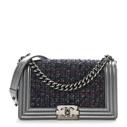 Tweed Metallic Lambskin Medium Boy Flap Silver
