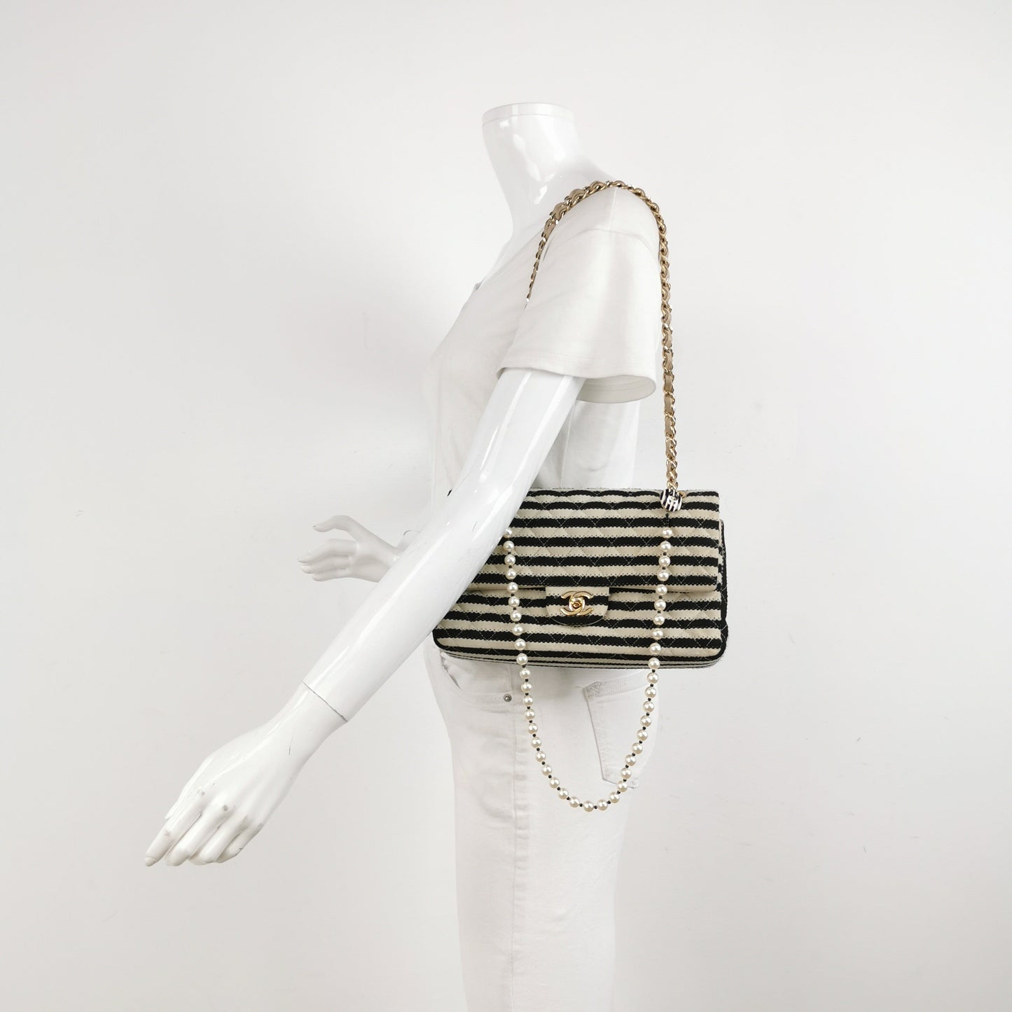 Chanel Black/White Striped Medium Jersey Coco Sailor Pearl Classic Flap Bag