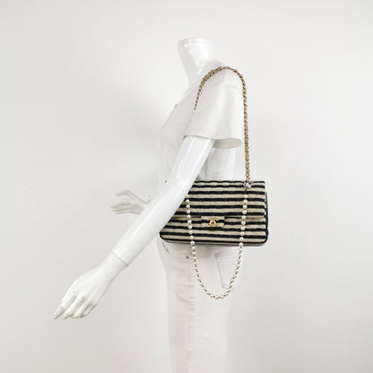 Chanel Black/White Striped Medium Jersey Coco Sailor Pearl Classic Flap Bag