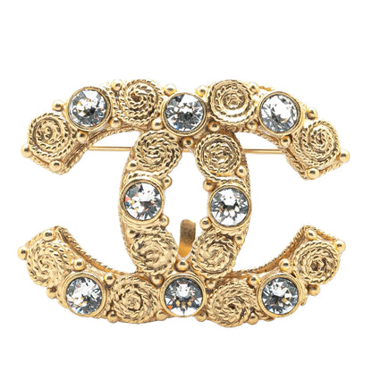 Gold Chanel Gold Plated CC Crystal Brooch