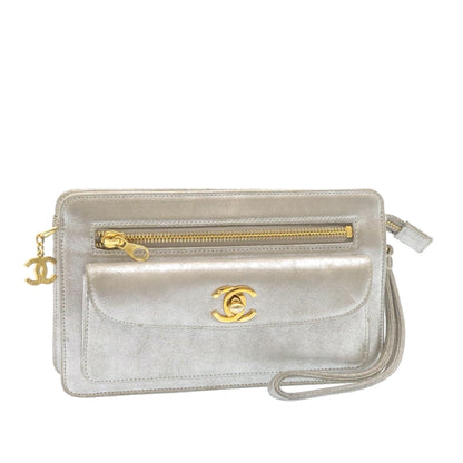 Chanel Clutch Bag Leather Silver CC Auth A