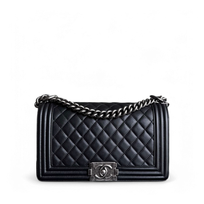 Chanel Boy Medium - 25CM Quilted Calfskin Black Ruthenium Silver Hardware