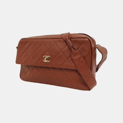 Chanel Camera Crossbody Bag Large Tan Brown Cognac Caviar Leather Gold Hardware 1994-1996