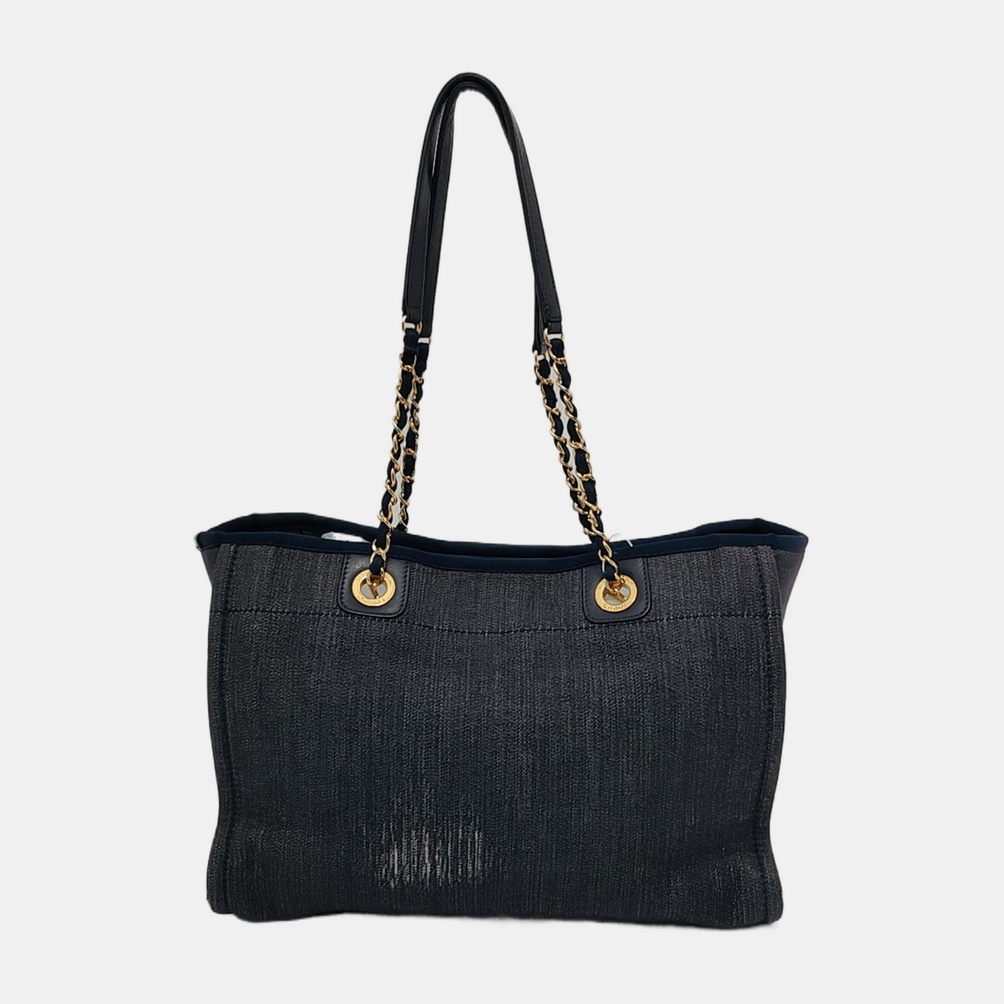 Chanel Deauville Tote Navy Denim Cloth Leather Chain Strap Gold Hardware Medium 30cm