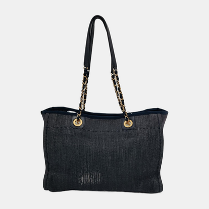 Chanel Deauville Tote Navy Denim Cloth Leather Chain Strap Gold Hardware Medium 30cm
