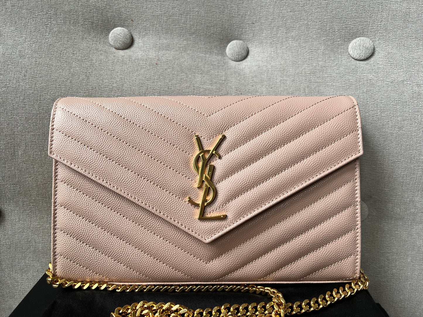 Yves Saint Laurent (YSL) Pale Pink Envelope Chain Wallet