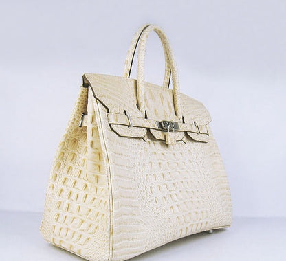 Hermes Birkin 35cm Crocodile Head Veins Handbags Beige Silver