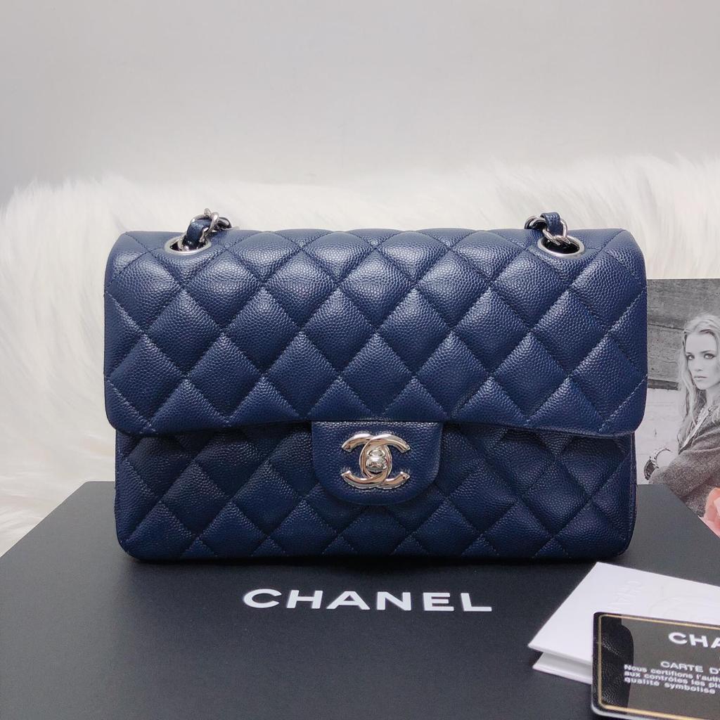 Small Double Flap Bag in Navy Blue Caviar with SHW