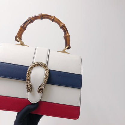 Gucci Calfskin Medium Dionysus Bamboo Handle Bag White Blue Red