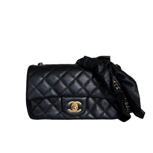 Chanel Romance Classic Flap Rectangular Mini Black Lambskin Leather Gold Hardware, 2021