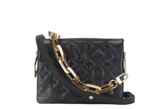 LOUIS VUITTON COUSSIN BB NOIR MONOGRAM EMBOSSED PUFFY LAMBSKIN (M21259) GOLD HARDWARE WITH CHAIN, STRAP, DUST COVER AND BOX