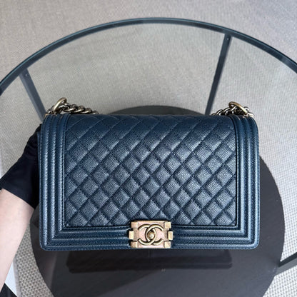 Chanel Boy New Medium - Caviar 28CM Quilted Dark Blue Ruthenium Gold Hardware Series 19