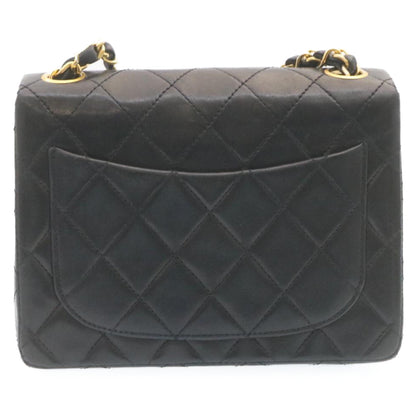 CHANEL Mini Matelasse Chain Flap Shoulder Bag Lamb Skin Black Gold Auth 28471A