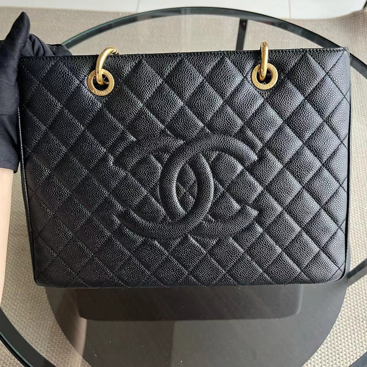 GST Grand Shopping Tote Caviar Quilted Grained Calfskin Black Golden Hardware Series 19