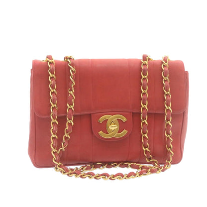 CHANEL Mademoiselle Big Coco Double Chain Shoulder Bag Lamb Skin Red Auth 29129A