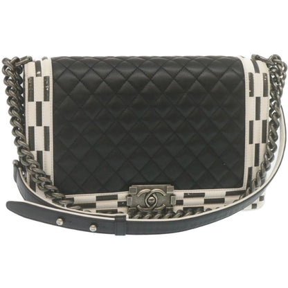 CHANEL Matelasse Boy  Chain Shoulder Bag Lamb Skin Black CC Auth 29190A