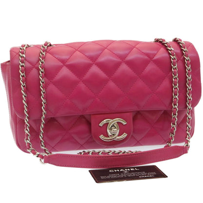 CHANEL Matelasse Coco Rain Double Chain Shoulder Bag Lamb Skin Pink Auth 29191A