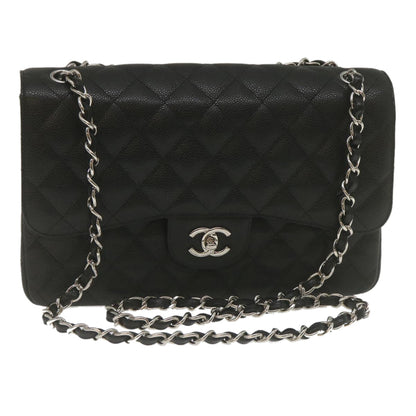 CHANEL Caviar Skin Chain Double Flap Big Matelasse ShoulderBag Black Auth 29507A