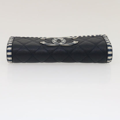 CHANEL Matelasse Cruise Line Long Wallet Caviar Skin Navy CC Auth 29542A