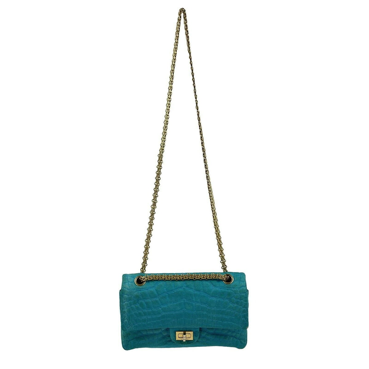 CHANEL - Reissue Small 2.55 Satin Crocodile Stitch - Turquoise / Gold Crossbody