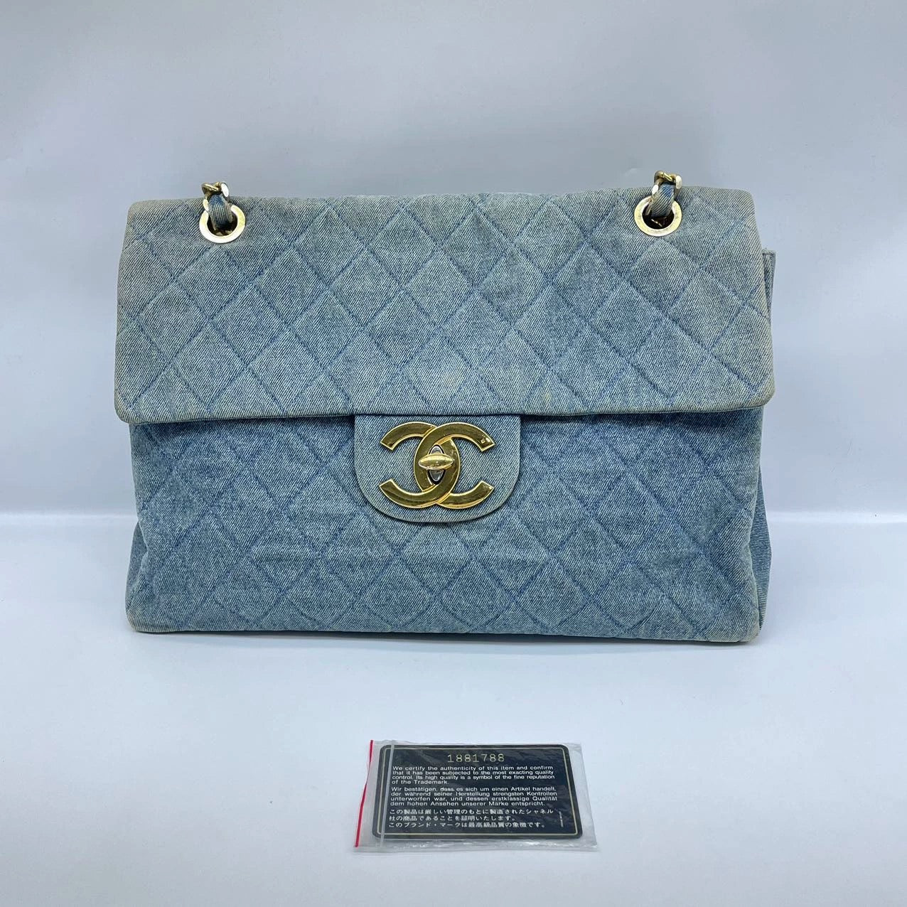 Chanel Vintage Classic Maxi 34 Flap Blue Jeans Denim Giant CC 24 Gold Hardware